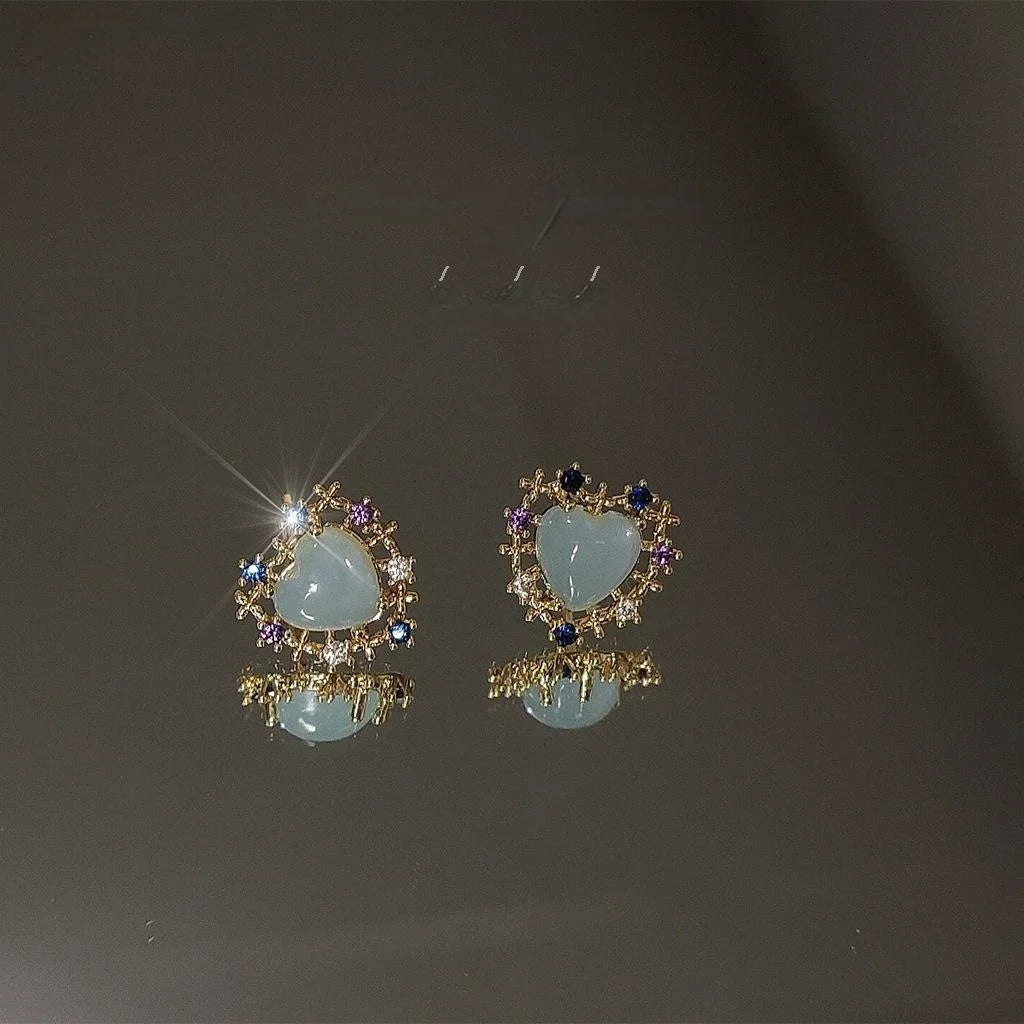 Micro Pave Heart Zircon Stud Earrings 14K Plated Sweet Cool Trendy Ear Jewelry