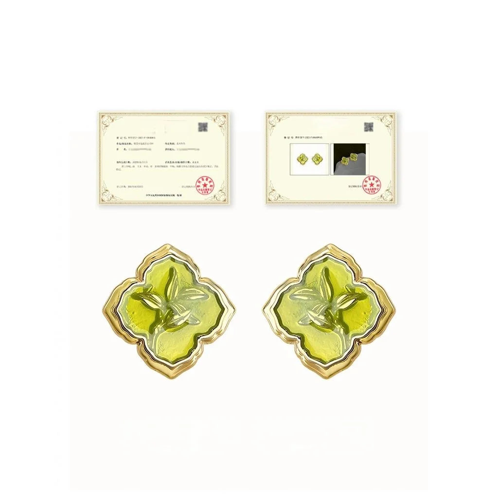 Grass Green Geometric Floral Leaf Stud Earrings Eco Copper New Chinese Fresh Style