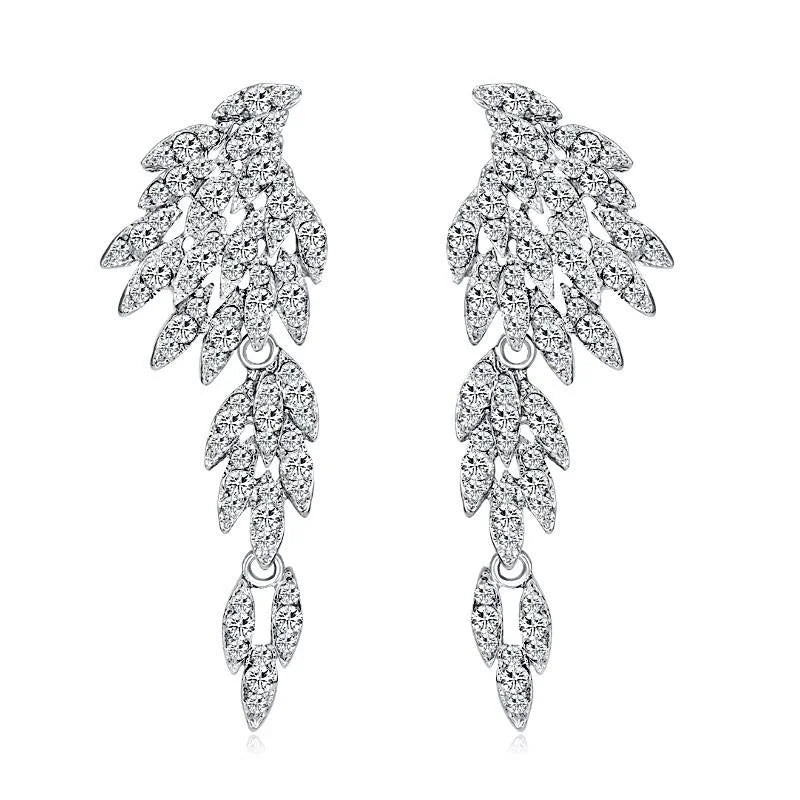 Luxury Rhinestone Crystal Leaf Tassel Drop Earrings, Silver Alloy Bridal Statement Jewelry For Wedding Party