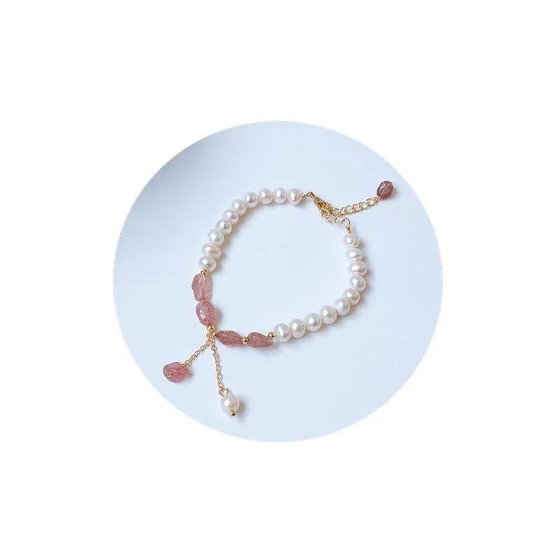 Real Gold Plated Freshwater Pearl Strawberry Quartz Korean Geometric Ring Bracelet