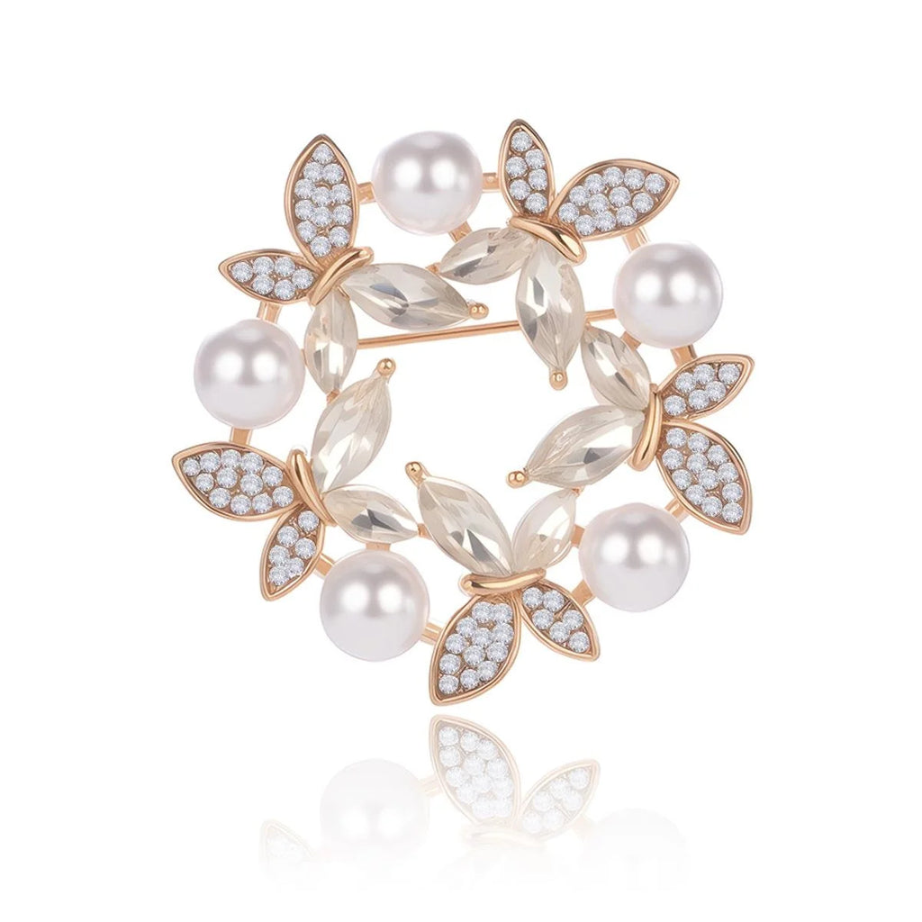 Vintage Butterfly Flower Pearl Wreath Brooch With Rhinestone Zircon Copper Lapel Pin For Women Suit Gift