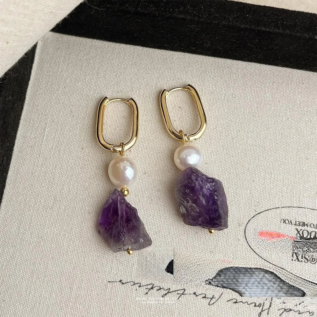 Light Luxury Irregular Geometric Freshwater Pearl Amethyst Natural Stone Drop Earrings For Women