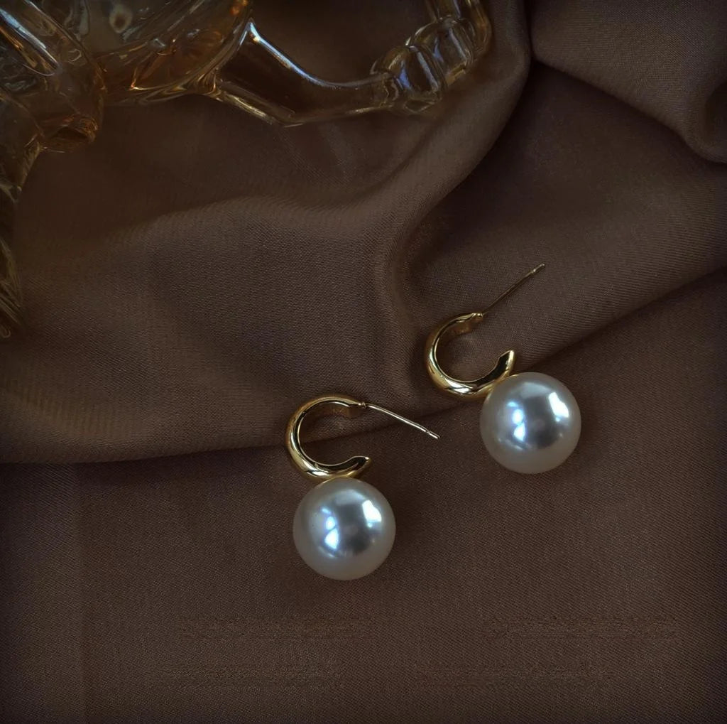 French Style 14K Gold Plated Copper C-Shaped Large Pearl Drop Earrings For Women
