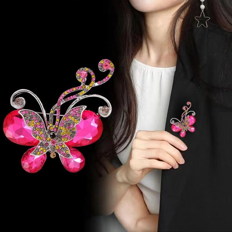 Elegant Pink Crystal Rhinestone Butterfly Brooch, Sparkling Alloy Lapel Pin Corsage Gift For Women