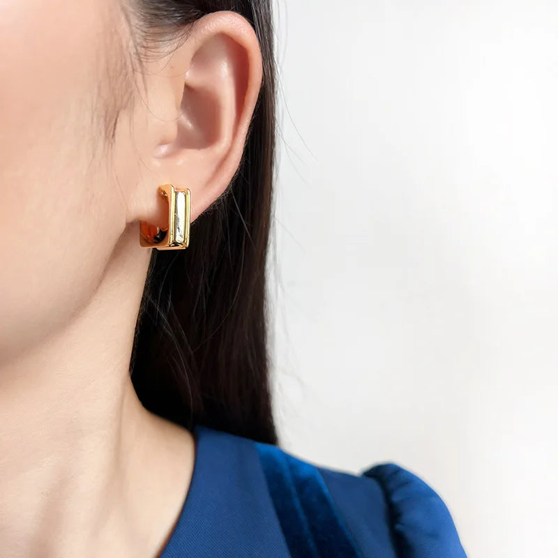 Elegant Gold Alloy Square Hoop Stud & Clip On No Piercing Minimalist Geometric Huggie Earrings