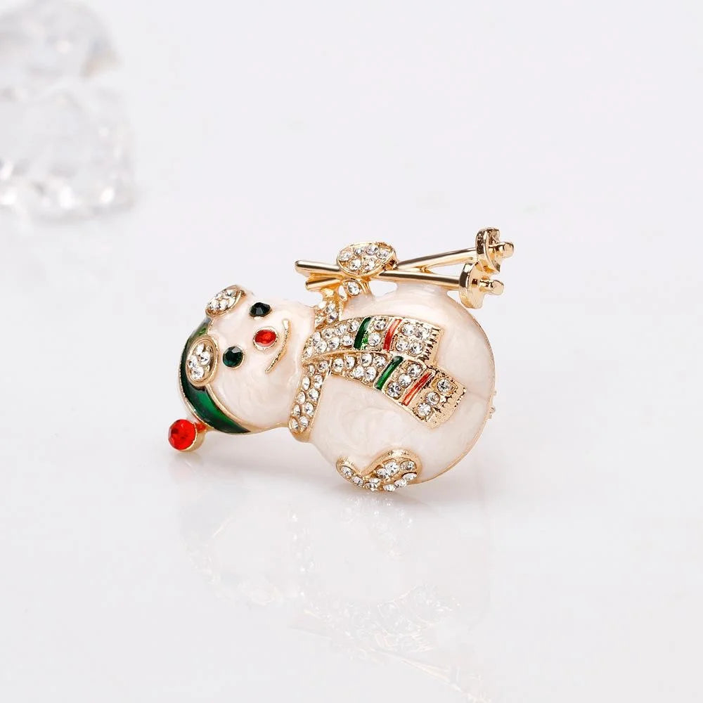 Cute Christmas Snowman Rhinestone Enamel Mother Of Pearl Alloy Brooch Lapel Pin, Festive Gift Corsage