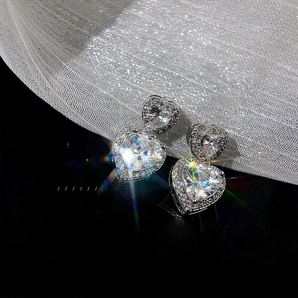 Light Luxury Heart Zircon Stud Earrings Silver Plated Copper Sparkling Elegant Jewelry