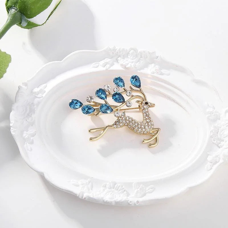 Elegant Rhinestone Deer Brooch With Blue Teardrop Branch Antlers, Luxury Animal Lapel Pin Suit Accessory Gift
