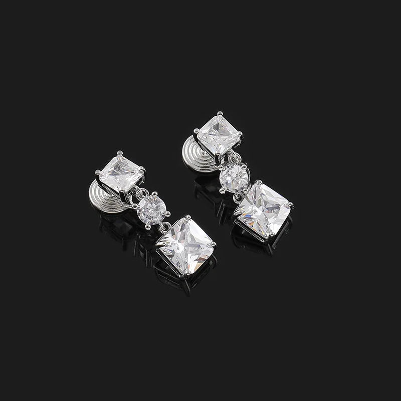 Luxury Princess Cut Square Zircon Crystal Geometric Drop Stud & Clip On No Piercing Long Dangle Earrings