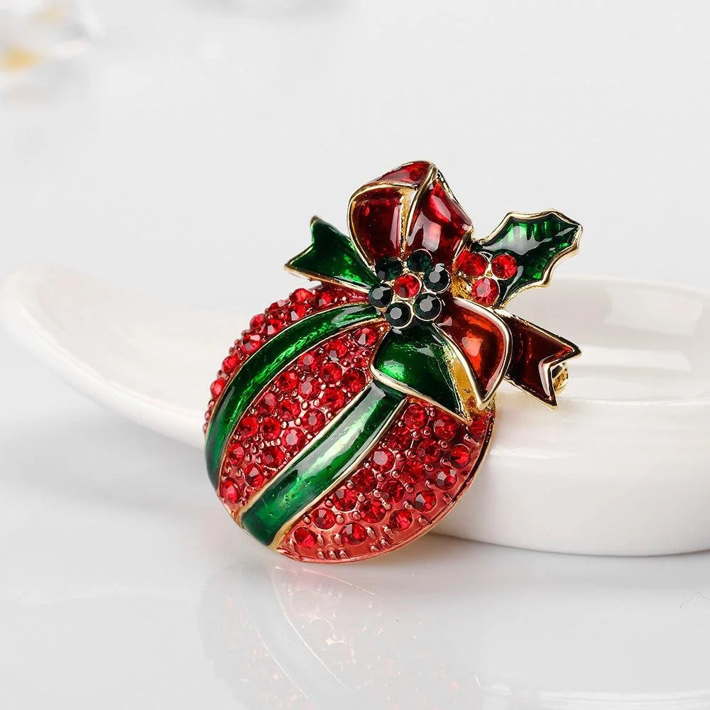 Luxury Christmas Gift Box Rhinestone Enamel Brooch For Women, Elegant Holiday Lapel Pin Suit Accessory