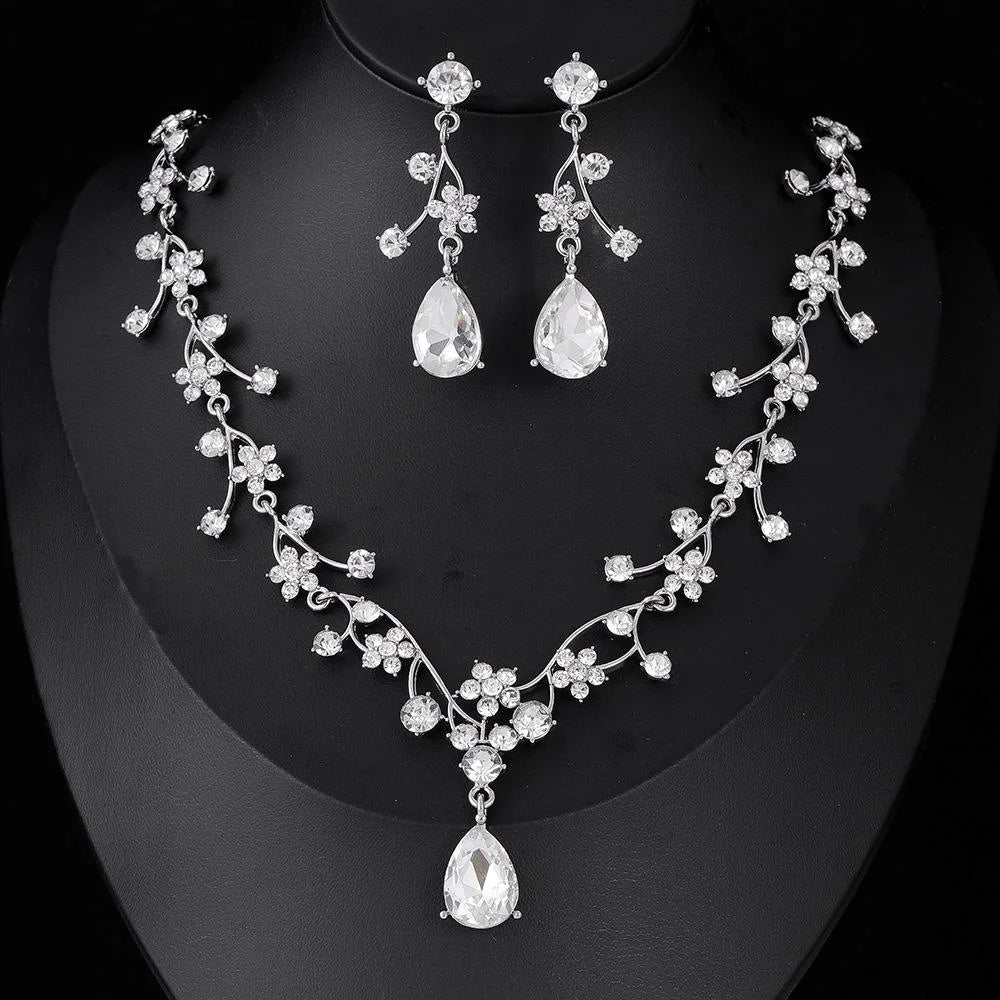 Luxury Bridal Crystal Flower Vine Necklace And Drop Earrings Jewelry Set, Silver Alloy Glass Rhinestone Wedding Jewelry