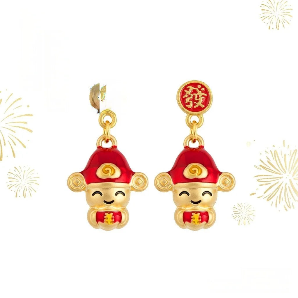 Chinese New Year Enamel Painted Eco Copper Wealth God Drop Earrings Festive Cartoon Jewelry