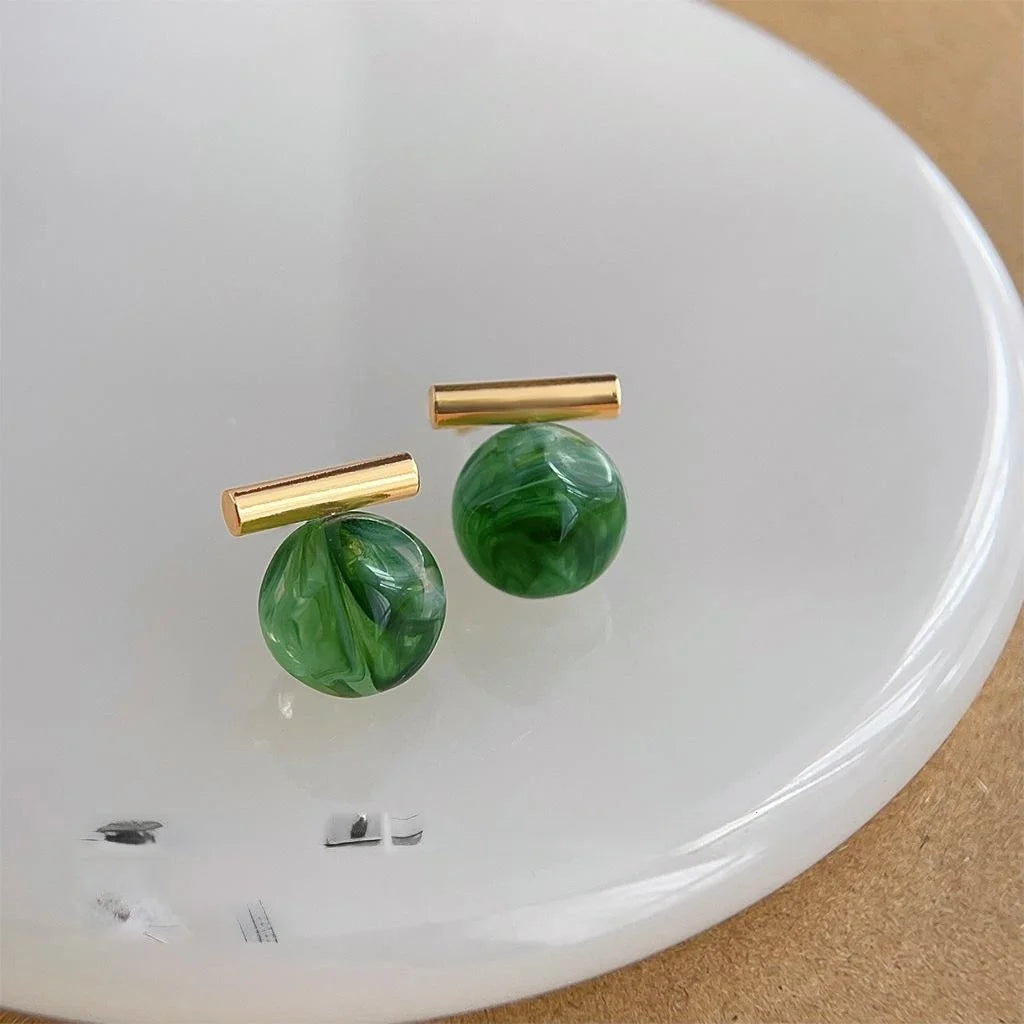 New Chinese Green Gradient Resin Sphere Drop Earrings Vintage Forest Style Geometric Designer Jewelry