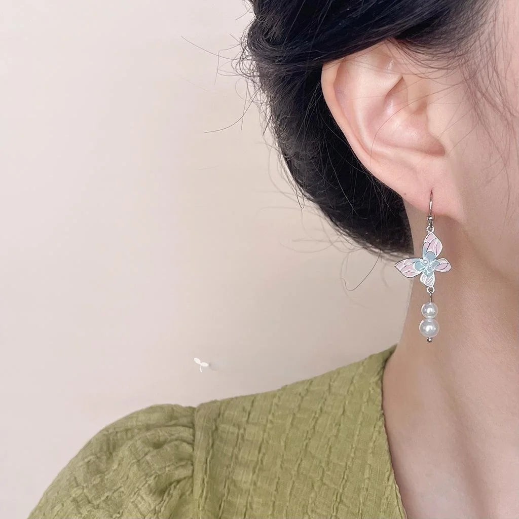 Fresh Sweet Long Pink Butterfly Tassel Drop Earrings Copper New Chinese Style Handmade Jewelry