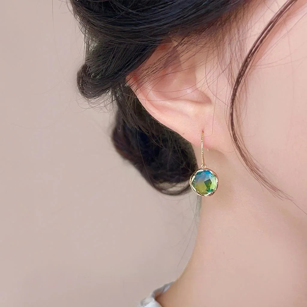 French Vintage Gradient Glass Crystal Geometric Round Copper Drop Earrings