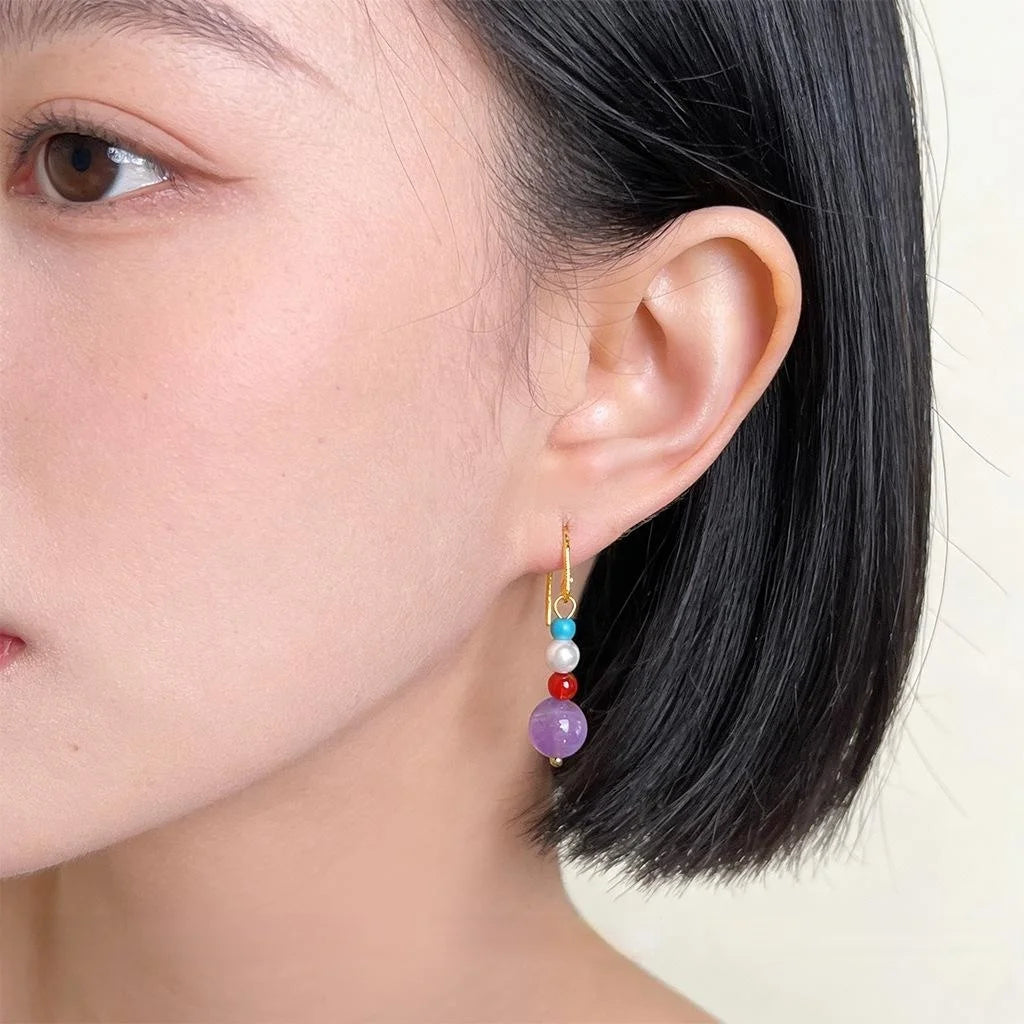 Handmade New Chinese Style Geometric Round Red Agate Amethyst Glass Pearl Turquoise Drop Earrings