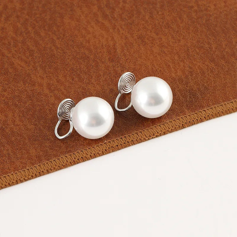 Elegant 14mm White Pearl Ball Stud & Clip On No Piercing Large Round Luxury Women's Fashion Earrings
