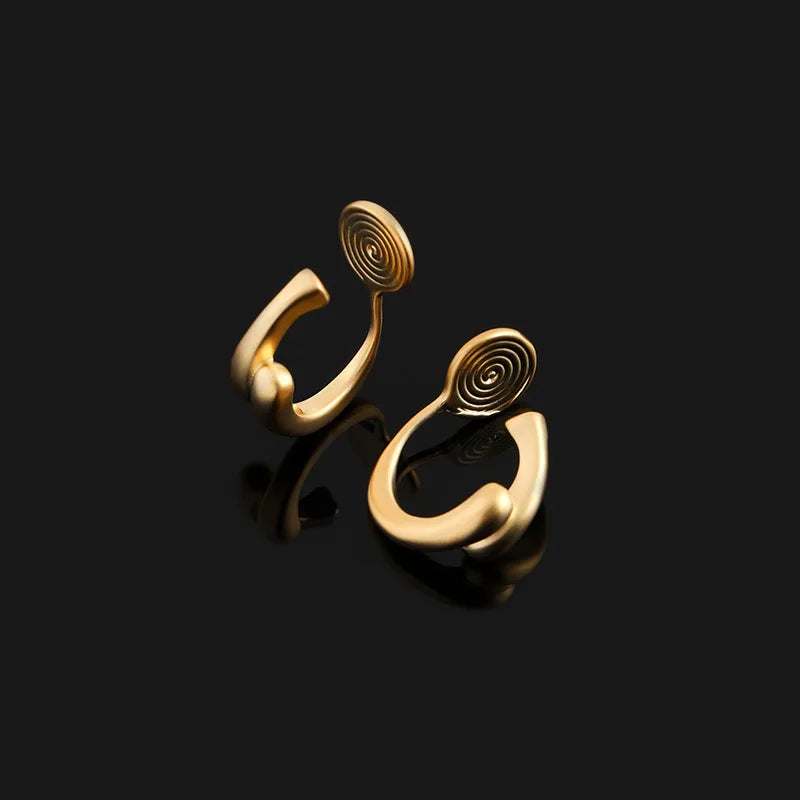 Minimalist Matte Gold Alloy Spiral Hoop Stud & Clip On No Piercing Elegant Small Huggie Earrings