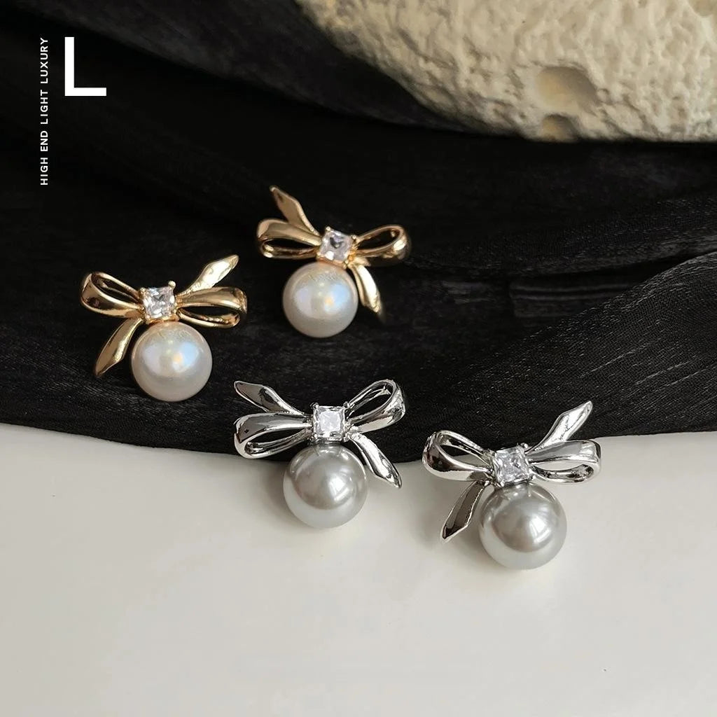 14K Gold Plated Copper Bow Stud Earrings With Glass Pearl And Micro Pave Zircon, Simple Jewelry