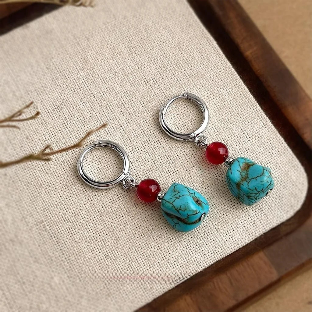 Vintage Ethnic Red Agate Synthetic Turquoise Copper Irregular Geometric Drop Earrings