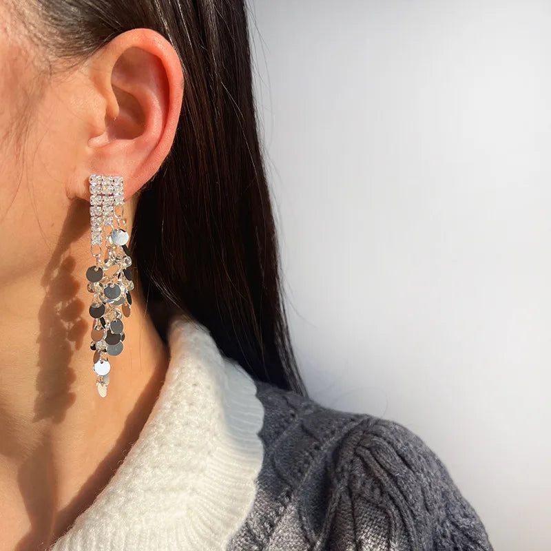 Elegant Luxury Silver Alloy Rhinestone Sequin Long Tassel Stud & Clip On No Piercing Dangle Earrings