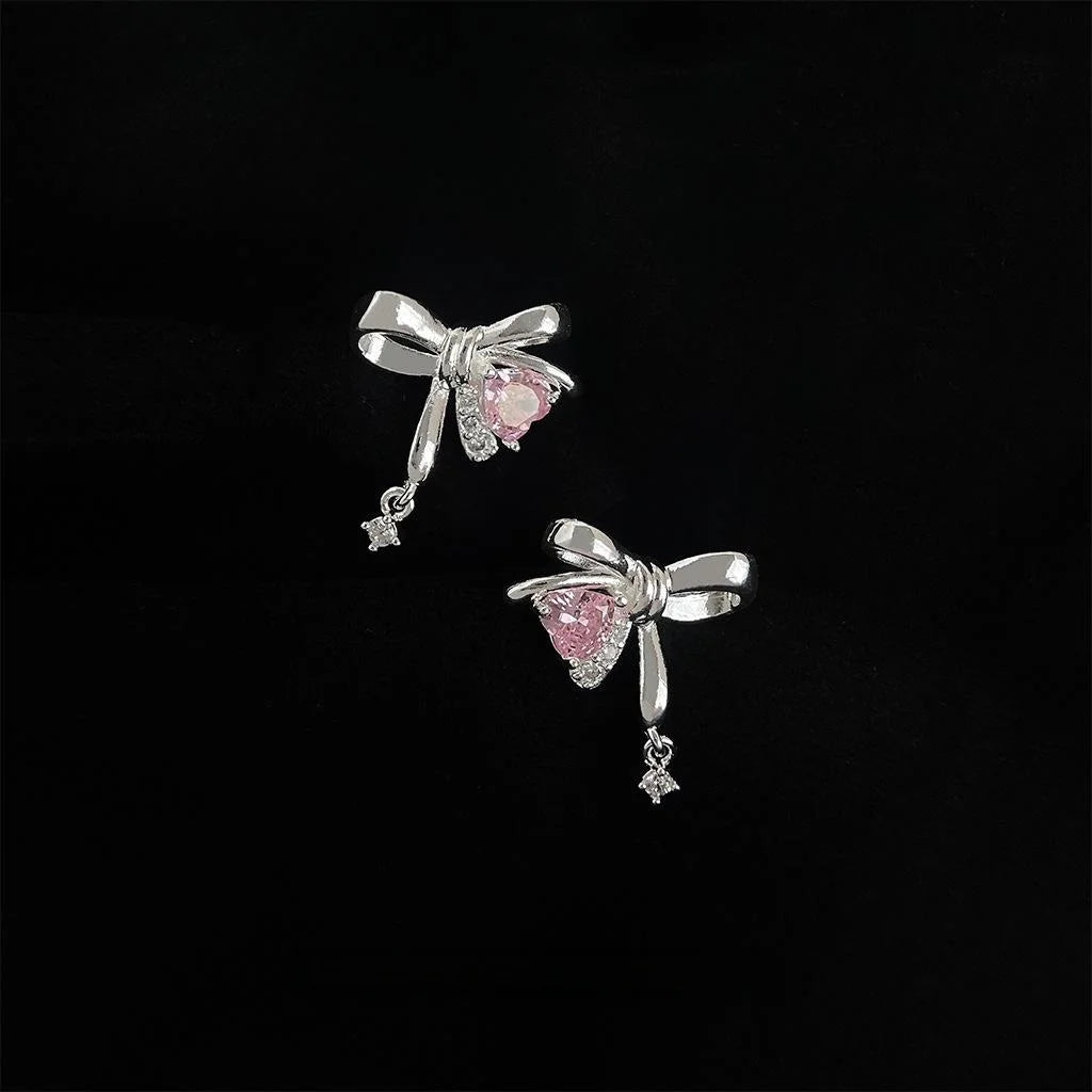 Sweet Cool Micro Pave Zircon Bow Heart Knot Stud Earrings Copper Fashion Jewelry