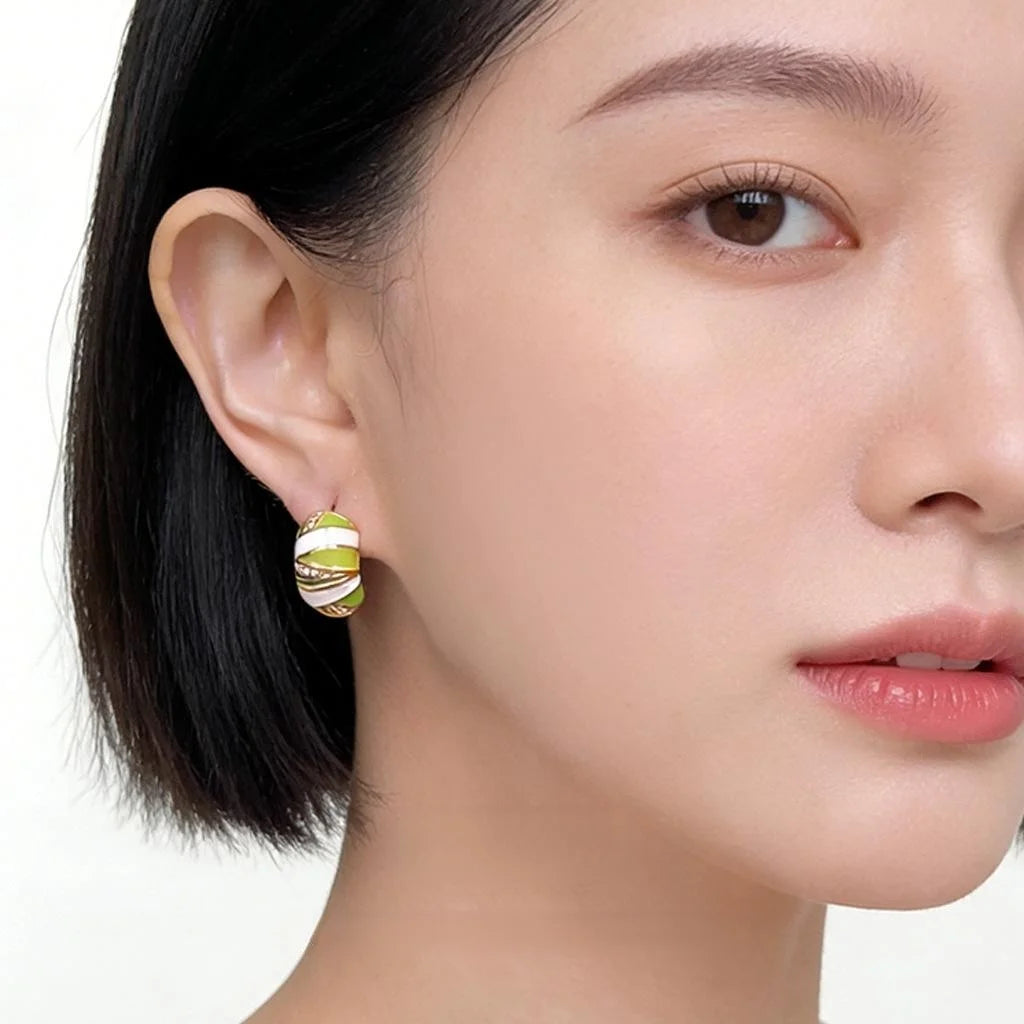Green Zircon Micro Pave Copper C Shaped Hoop Earrings Geometric Line Commuter Jewelry