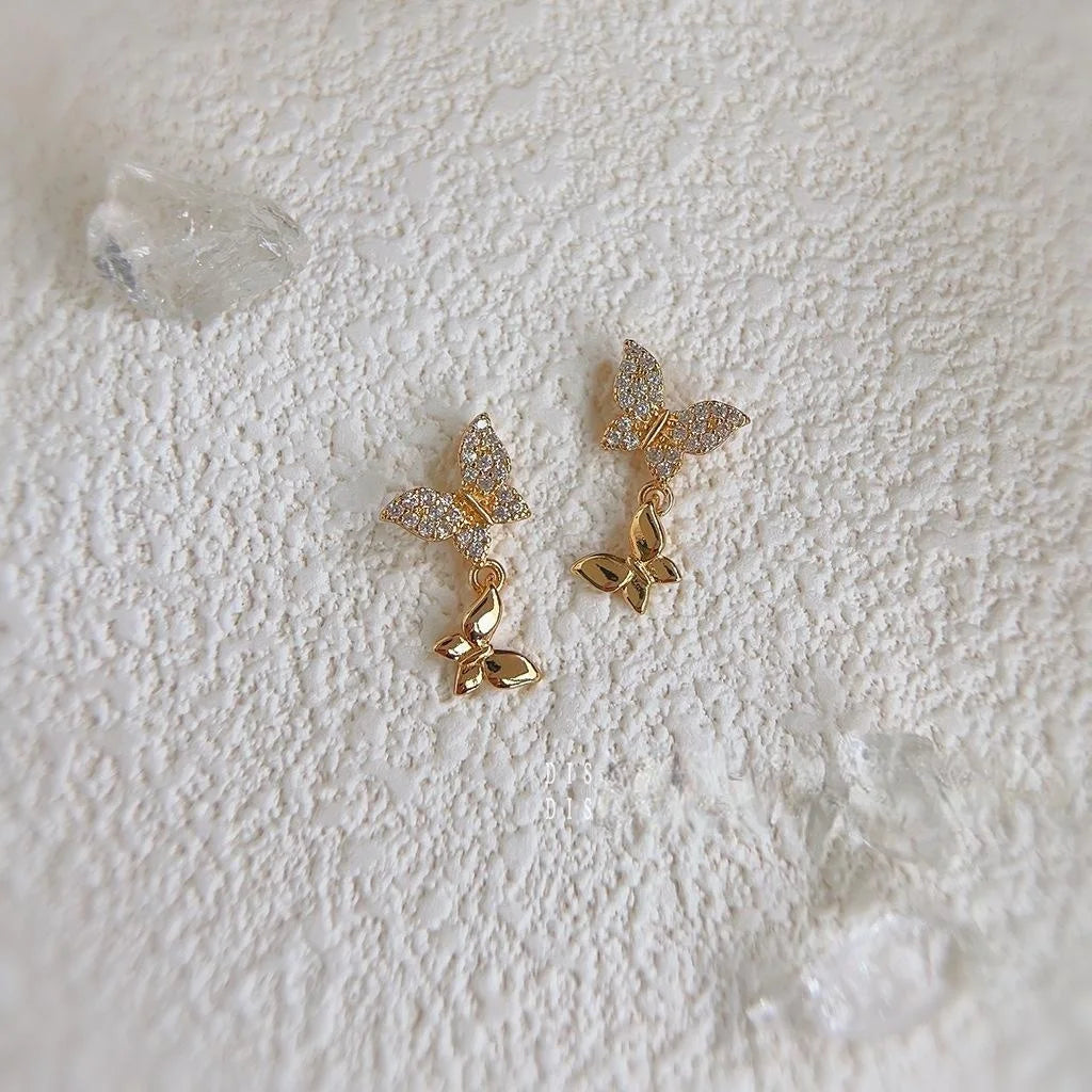 Elegant Copper Micro Pave Zircon Butterfly Stud Earrings, Minimalist Sweet Animal Jewelry