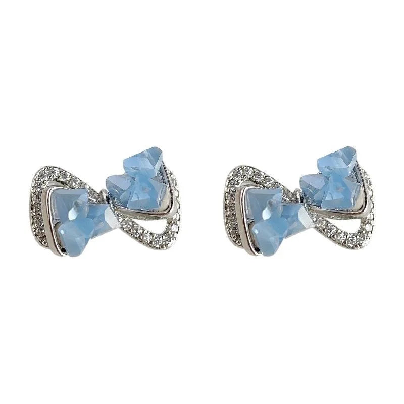 Blue Bow Stud Earrings With Micro Pave Zircon, Glass Crystal Chips, Sweet Fresh Commuter Style