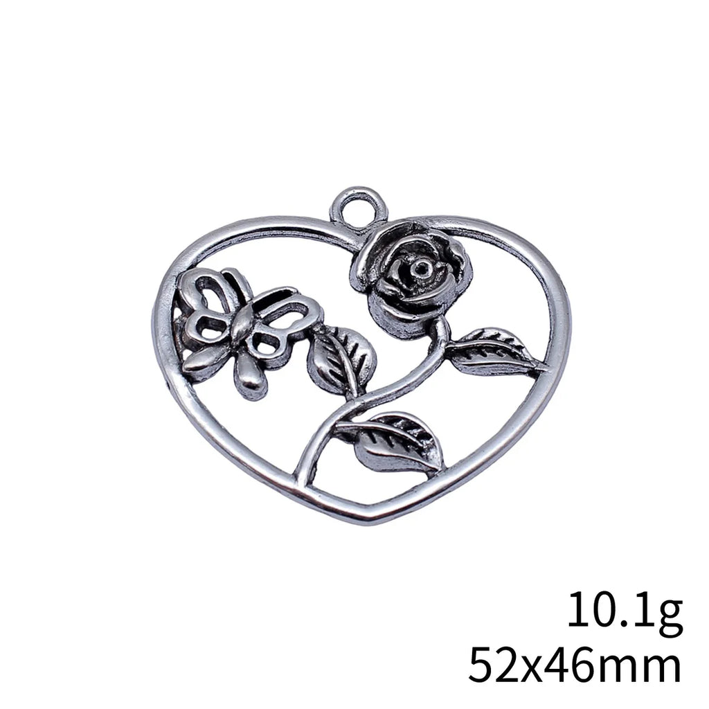 52x46mm 10.1g Antique Silver Zinc Alloy Butterfly Flower Heart Charm Pendant for DIY Jewelry Making
