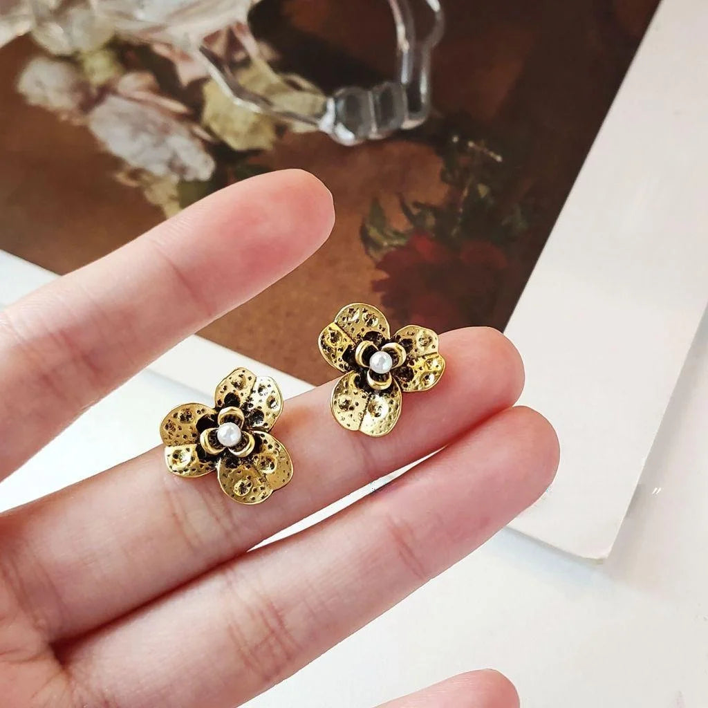 Vintage Oxidized Antique Gold Alloy Three Petal Flower Stud Earrings