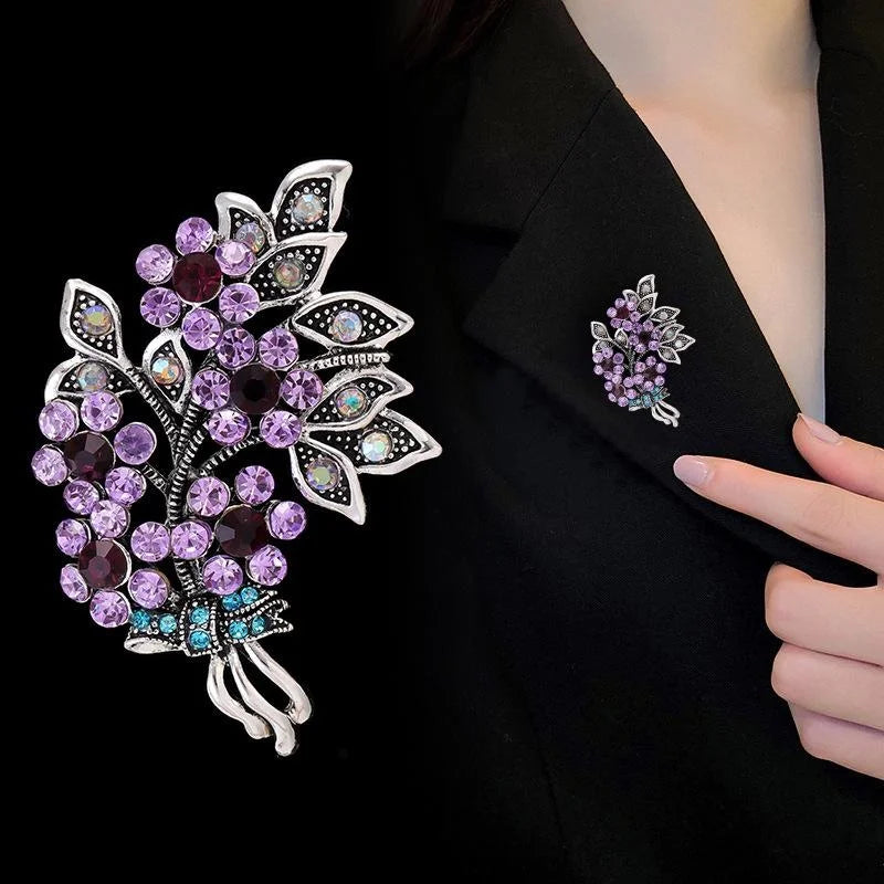 Elegant Purple Rhinestone Flower Bouquet And Leaf Brooch, Crystal Floral Lapel Pin Corsage Gift