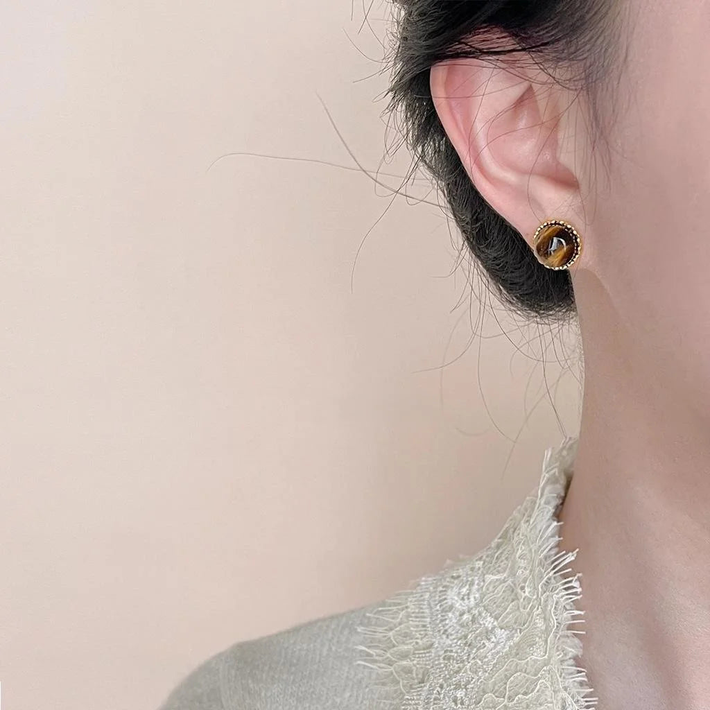 14K Gold Plated Copper Tiger Eye Round Geometric Stud Earrings For Women Minimalist Office Jewelry