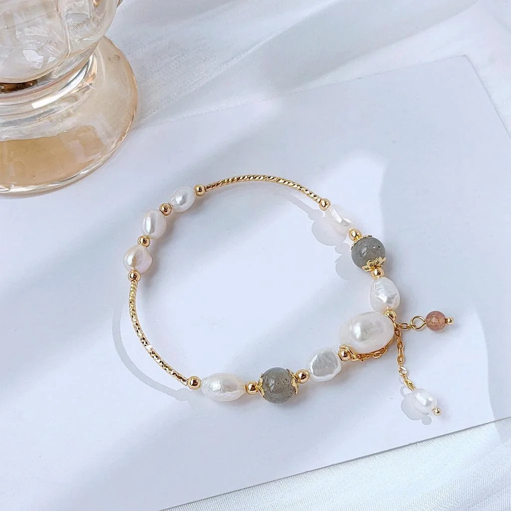 Handmade Freshwater Pearl And Moonstone Bracelet For Women Korean Minimalist Geometric Jewelry