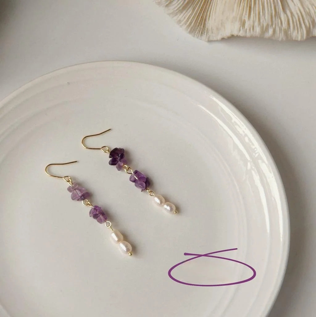 French Vintage Amethyst Chip Freshwater Pearl Tassel Drop Earrings Korean Handmade Geometric Jewelry