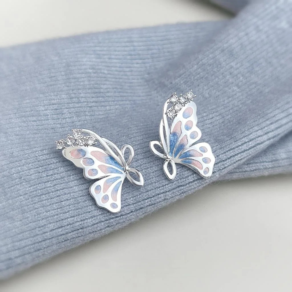 Hand Painted Butterfly Zircon Stud Earrings Eco Copper Silver Plated Fairy Forest Jewelry