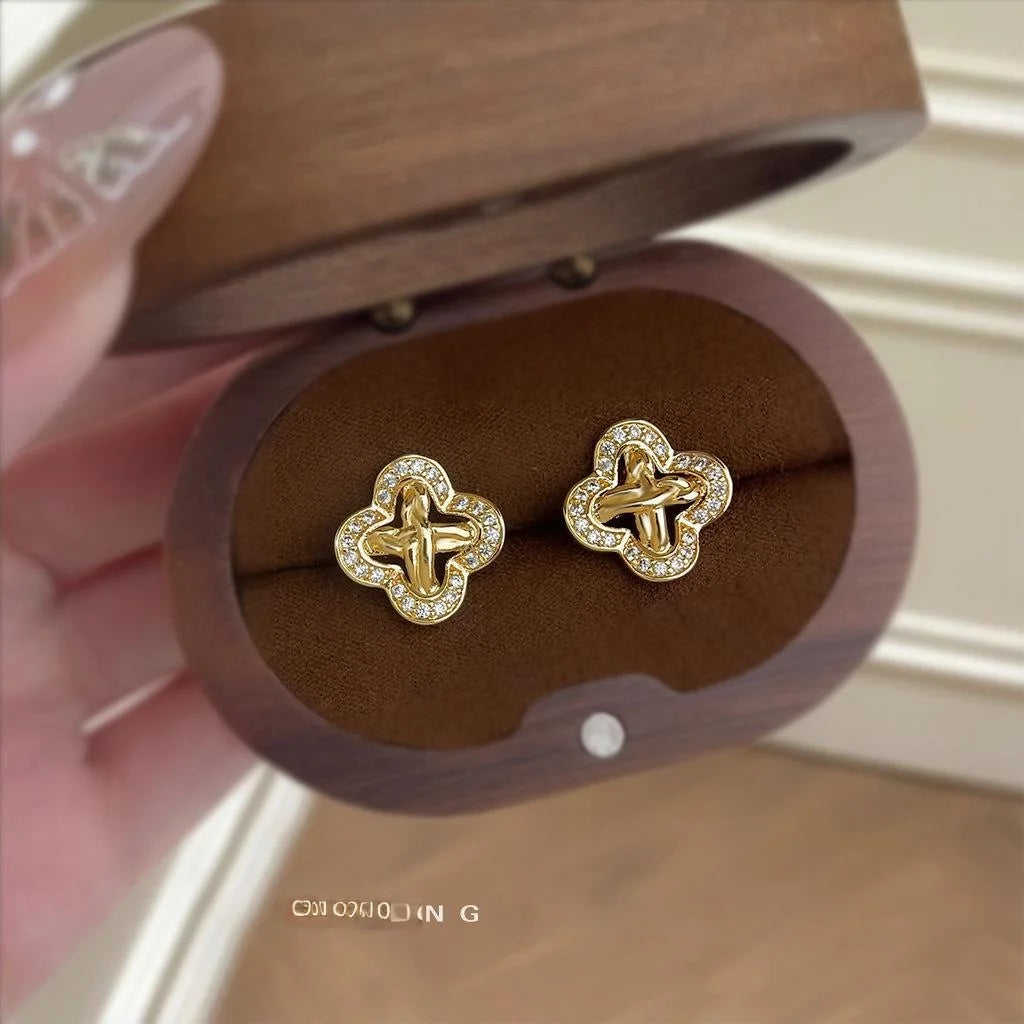 Luxury Micro Pave Zircon Copper Stud Earrings With Silver Plated Pins, Geometric Floral Petal Design