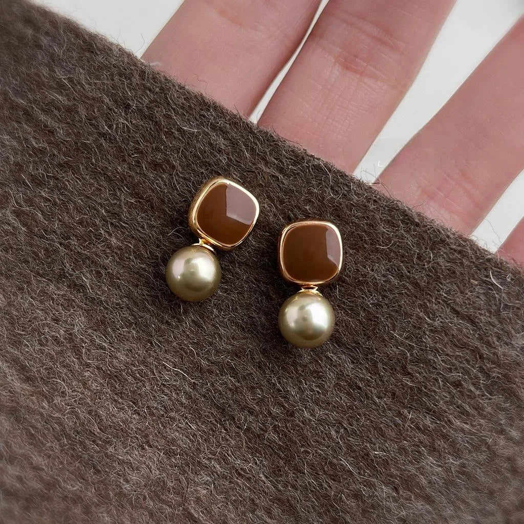 Mocha Brown Enamel Glazed Copper Geometric Pearl Drop Earrings, Maillard Style
