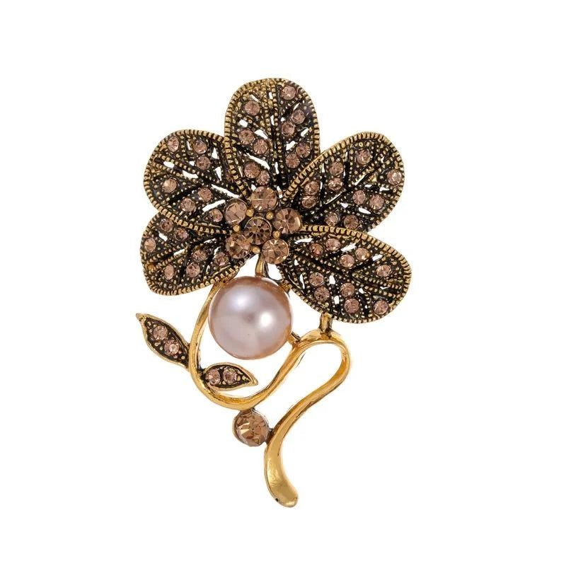 Vintage Antique Gold Flower Brooch With Brown Rhinestones And Pearl, Elegant Floral Lapel Pin Suit Accessory