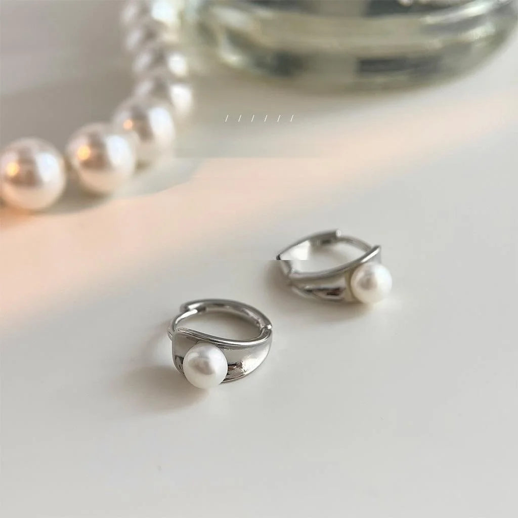 Freshwater Pearl Copper Geometric Hoop Stud Earrings Minimalist Cool Style Jewelry