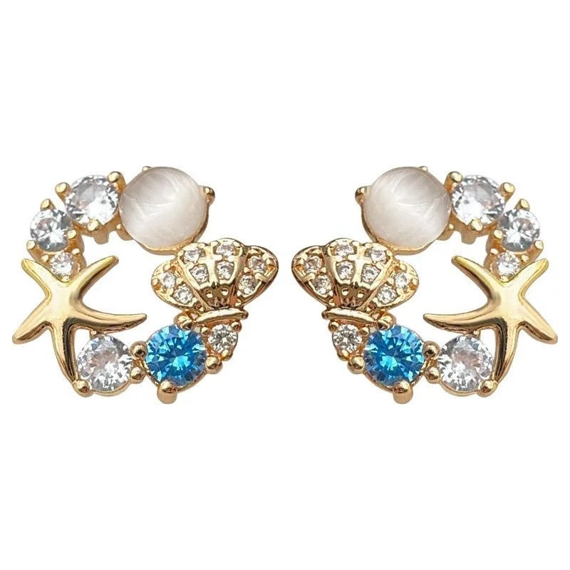 14K Gold Plated Copper Starfish Stud Earrings With Zircon And Cat Eye Stone, Unique Designer Jewelry