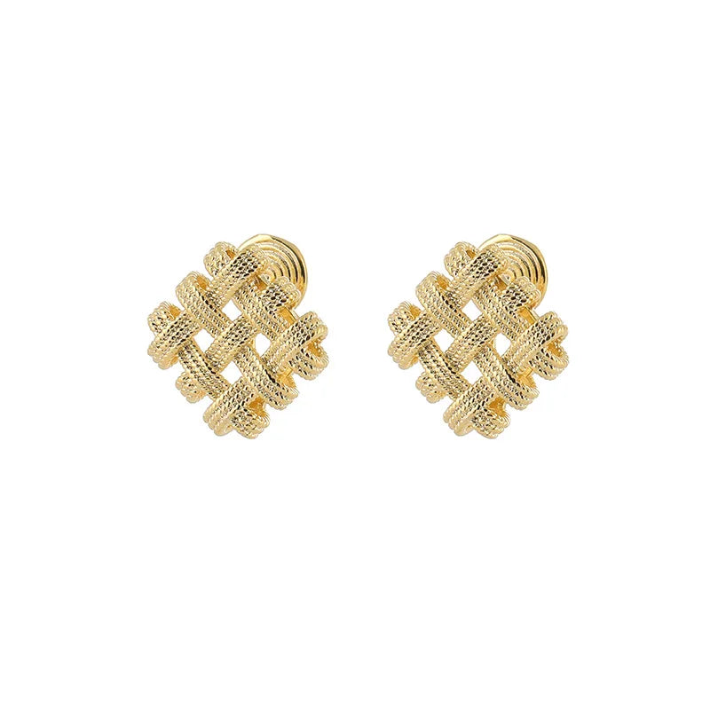 Elegant Gold Alloy Textured Woven Diamond Grid Stud & Clip On No Piercing Fashion Earrings