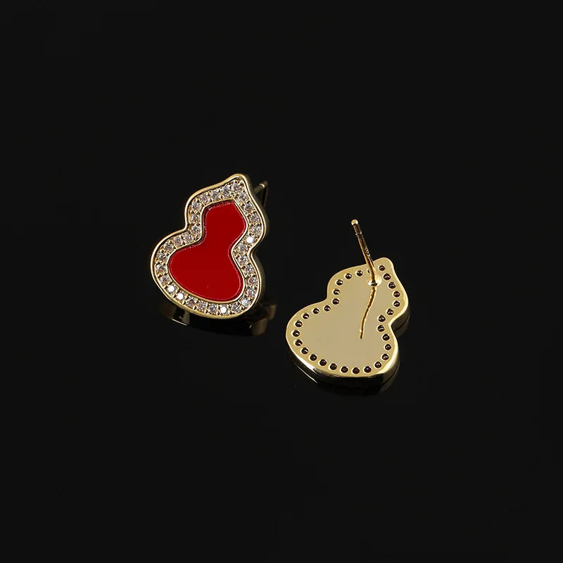 Elegant Red Enamel Gourd Shape Rhinestone Alloy Stud & Clip On No Piercing Light Luxury Earrings
