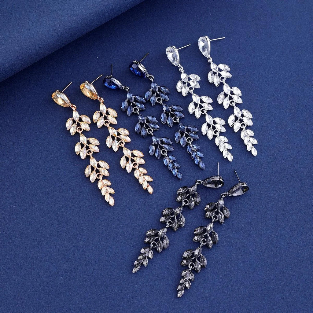 Luxury Blue Crystal Wheat Leaf Long Dangle Earrings, Alloy Rhinestone Drop Jewelry For Wedding Party