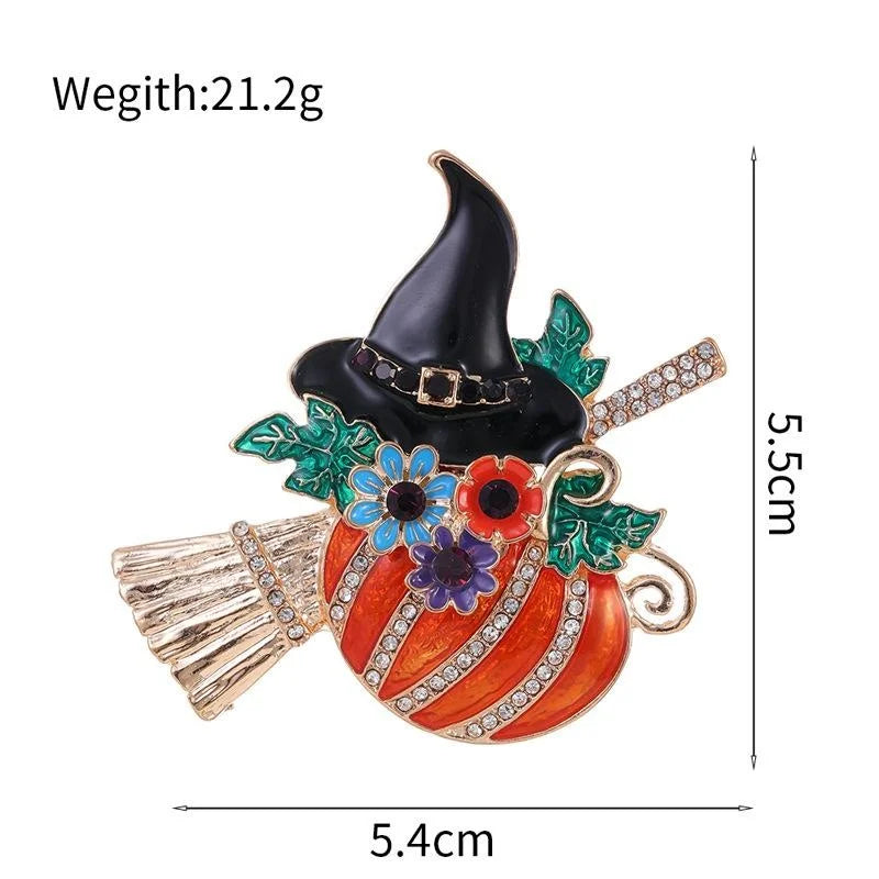 Cute Halloween Pumpkin Witch Hat Broom Enamel Rhinestone Alloy Brooch Lapel Pin Corsage Gift