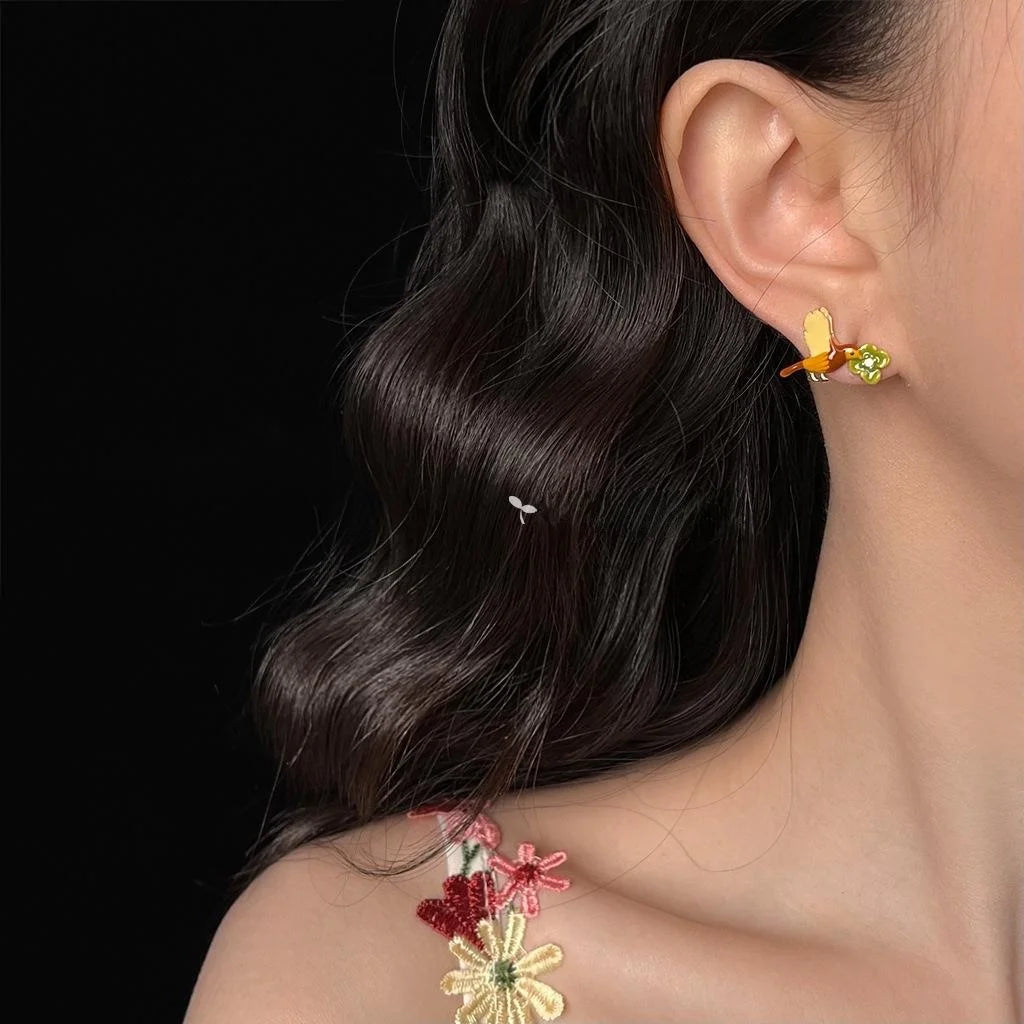 Elegant Enamel Glazed Copper Bird Flower Stud Earrings With Silver Plated Pins