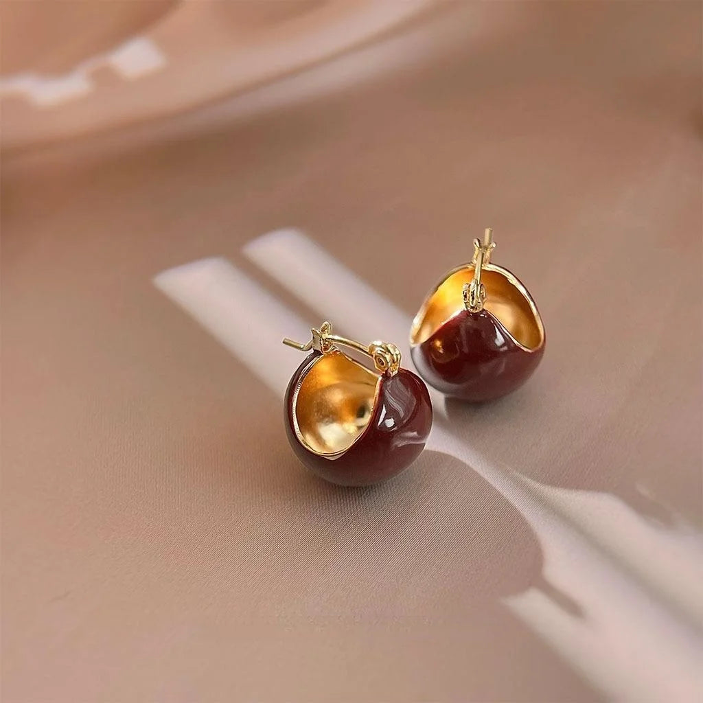Vintage Wine Red Enamel Round Bean Copper Stud Earrings Light Luxury Hong Kong Style Jewelry