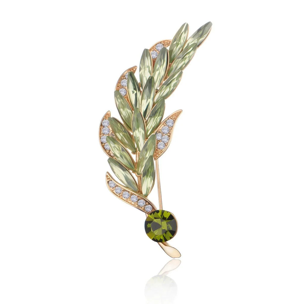 Elegant Wheat Stalk Brooch With Green Crystal Glass Leaves And Rhinestones, Luxury Lapel Pin Corsage Gift