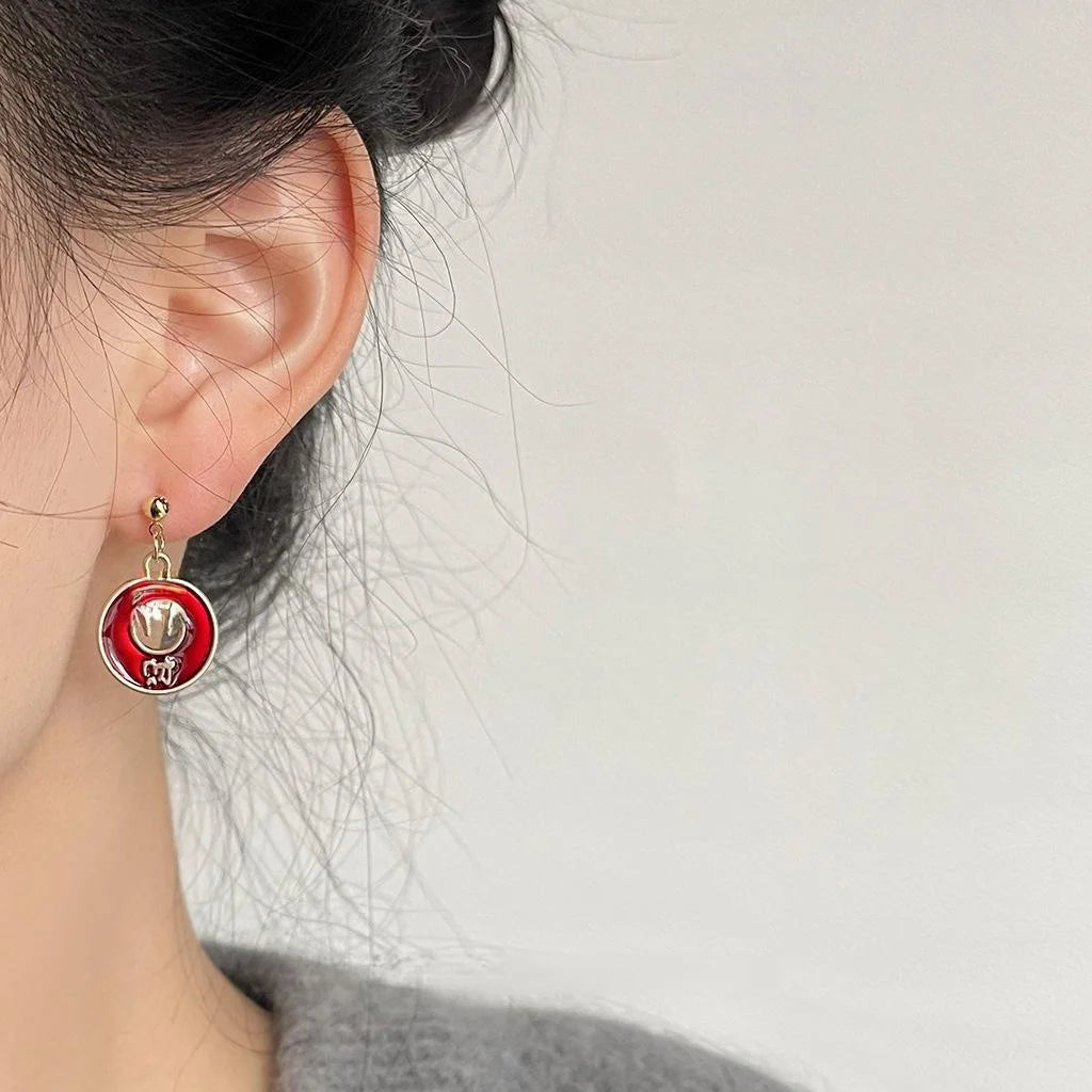 Handmade Chinese Style Asymmetrical Persimmon Ingot Glass Crystal Drop Earrings