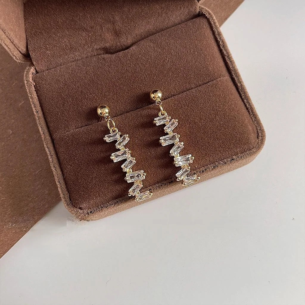 14K Gold Plated Copper Micro Pave Zircon Geometric Line Stud Earrings